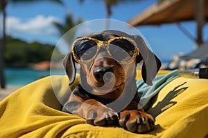 Dog Laid-Back Dachshund: Unwinding on Vacation on the beach. Generative AI