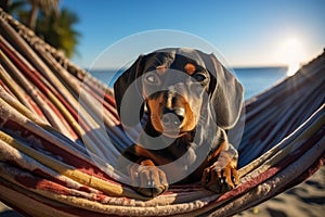 Dog Laid-Back Dachshund: Unwinding on Vacation on the beach. Generative AI