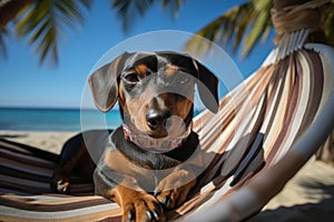 Dog Laid-Back Dachshund: Unwinding on Vacation on the beach. Generative AI