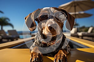 Dog Laid-Back Dachshund: Unwinding on Vacation on the beach. Generative AI