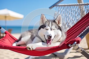 Dog Laid-Back Husky Unwinding on Vacation on the beach. Generative AI