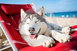 Dog Laid-Back Husky Unwinding on Vacation on the beach. Generative AI