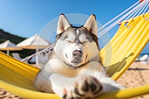 Dog Laid-Back Husky Unwinding on Vacation on the beach. Generative AI