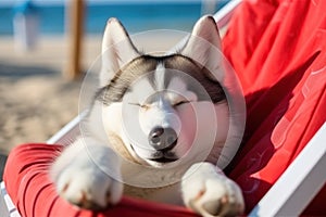 Dog Laid-Back Husky Unwinding on Vacation on the beach. Generative AI