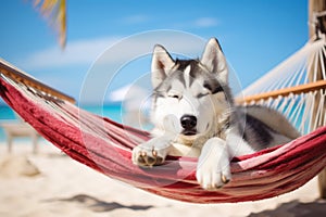 Dog Laid-Back Husky Unwinding on Vacation on the beach. Generative AI