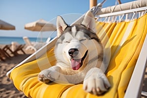 Dog Laid-Back Husky Unwinding on Vacation on the beach. Generative AI