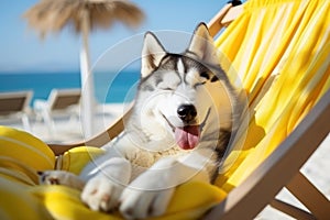 Dog Laid-Back Husky Unwinding on Vacation on the beach. Generative AI