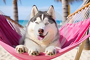 Dog Laid-Back Husky Unwinding on Vacation on the beach. Generative AI