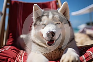 Dog Laid-Back Husky Unwinding on Vacation on the beach. Generative AI