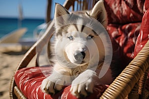 Dog Laid-Back Husky Unwinding on Vacation on the beach. Generative AI