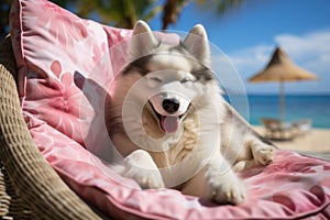 Dog Laid-Back Husky Unwinding on Vacation on the beach. Generative AI