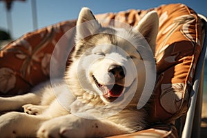 Dog Laid-Back Husky Unwinding on Vacation on the beach. Generative AI