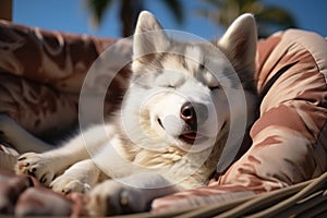 Dog Laid-Back Husky Unwinding on Vacation on the beach. Generative AI