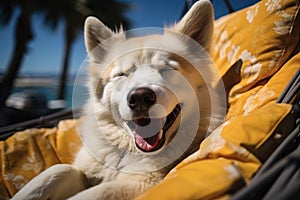 Dog Laid-Back Husky Unwinding on Vacation on the beach. Generative AI