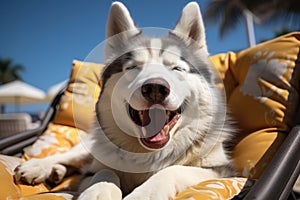 Dog Laid-Back Husky Unwinding on Vacation on the beach. Generative AI