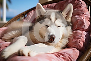 Dog Laid-Back Husky Unwinding on Vacation on the beach. Generative AI