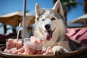 Dog Laid-Back Husky Unwinding on Vacation on the beach. Generative AI