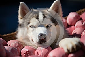 Dog Laid-Back Husky Unwinding on Vacation on the beach. Generative AI