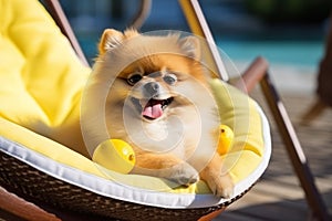 Dog Laid-Back Pomerania Unwinding on Vacation on the beach. Generative AI