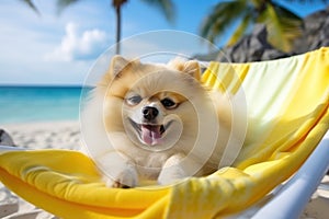 Dog Laid-Back Pomerania Unwinding on Vacation on the beach. Generative AI