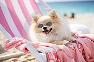 Dog Laid-Back Pomerania Unwinding on Vacation on the beach. Generative AI