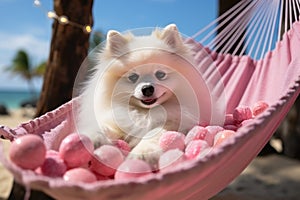 Dog Laid-Back Pomerania Unwinding on Vacation on the beach. Generative AI