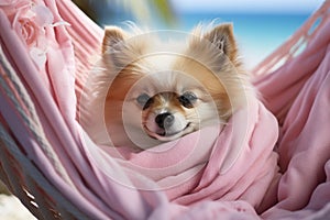 Dog Laid-Back Pomerania Unwinding on Vacation on the beach. Generative AI