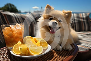 Dog Laid-Back Pomerania Unwinding on Vacation on the beach. Generative AI