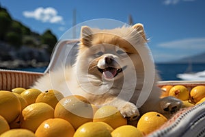 Dog Laid-Back Pomerania Unwinding on Vacation on the beach. Generative AI