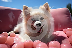 Dog Laid-Back Pomerania Unwinding on Vacation on the beach. Generative AI