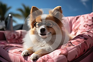 Dog Laid-Back Pomerania Unwinding on Vacation on the beach. Generative AI