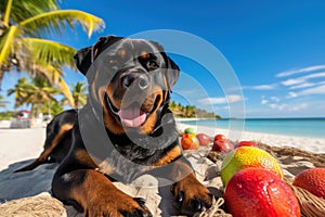 Dog Laid-Back Rottweiler: Unwinding on Vacation on the beach. Generative AI