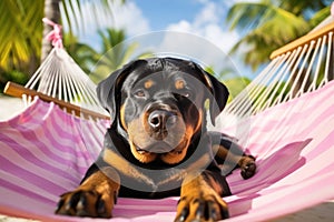 Dog Laid-Back Rottweiler: Unwinding on Vacation on the beach. Generative AI