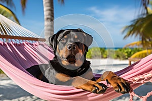 Dog Laid-Back Rottweiler: Unwinding on Vacation on the beach. Generative AI