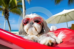Dog Laid-Back Shih Tzu Unwinding on Vacation on the beach. Generative AI