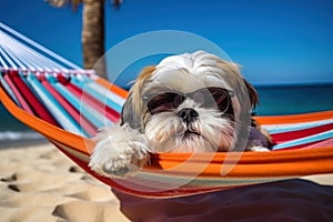 Dog Laid-Back Shih Tzu Unwinding on Vacation on the beach. Generative AI