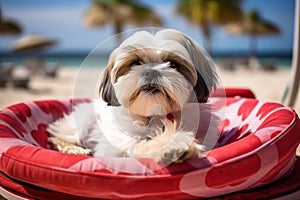 Dog Laid-Back Shih Tzu Unwinding on Vacation on the beach. Generative AI