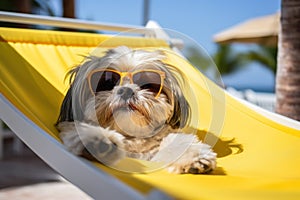 Dog Laid-Back Shih Tzu Unwinding on Vacation on the beach. Generative AI