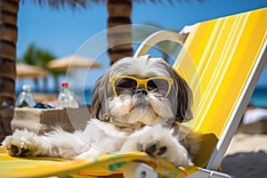 Dog Laid-Back Shih Tzu Unwinding on Vacation on the beach. Generative AI