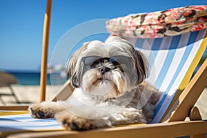 Dog Laid-Back Shih Tzu Unwinding on Vacation on the beach. Generative AI