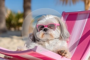 Dog Laid-Back Shih Tzu Unwinding on Vacation on the beach. Generative AI