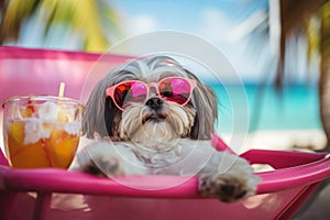 Dog Laid-Back Shih Tzu Unwinding on Vacation on the beach. Generative AI