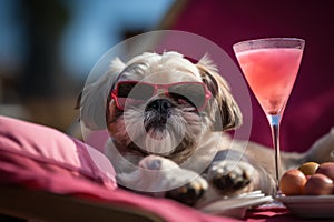 Dog Laid-Back Shih Tzu Unwinding on Vacation on the beach. Generative AI