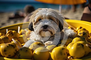 Dog Laid-Back Shih Tzu Unwinding on Vacation on the beach. Generative AI