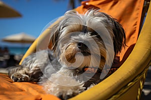 Dog Laid-Back Shih Tzu Unwinding on Vacation on the beach. Generative AI