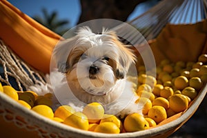 Dog Laid-Back Shih Tzu Unwinding on Vacation on the beach. Generative AI