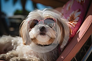 Dog Laid-Back Shih Tzu Unwinding on Vacation on the beach. Generative AI