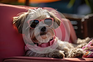 Dog Laid-Back Shih Tzu Unwinding on Vacation on the beach. Generative AI