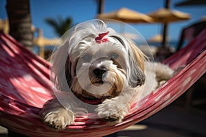 Dog Laid-Back Shih Tzu Unwinding on Vacation on the beach. Generative AI