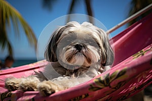 Dog Laid-Back Shih Tzu Unwinding on Vacation on the beach. Generative AI